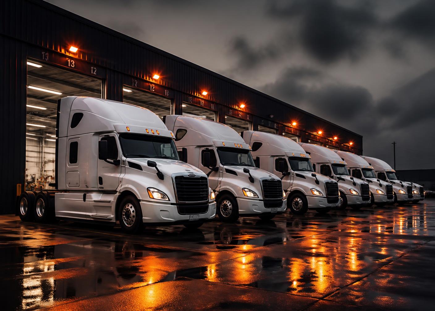 Row of commercial semi trucks parked outside a lit fleet maintenance facility at dusk