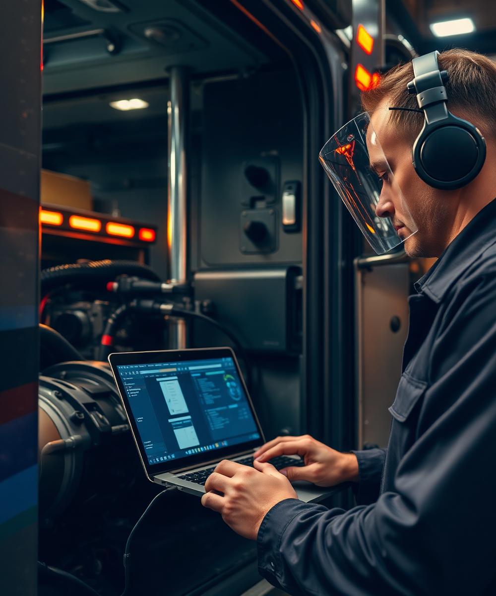 Technician running laptop diagnostics on a semi truck engine