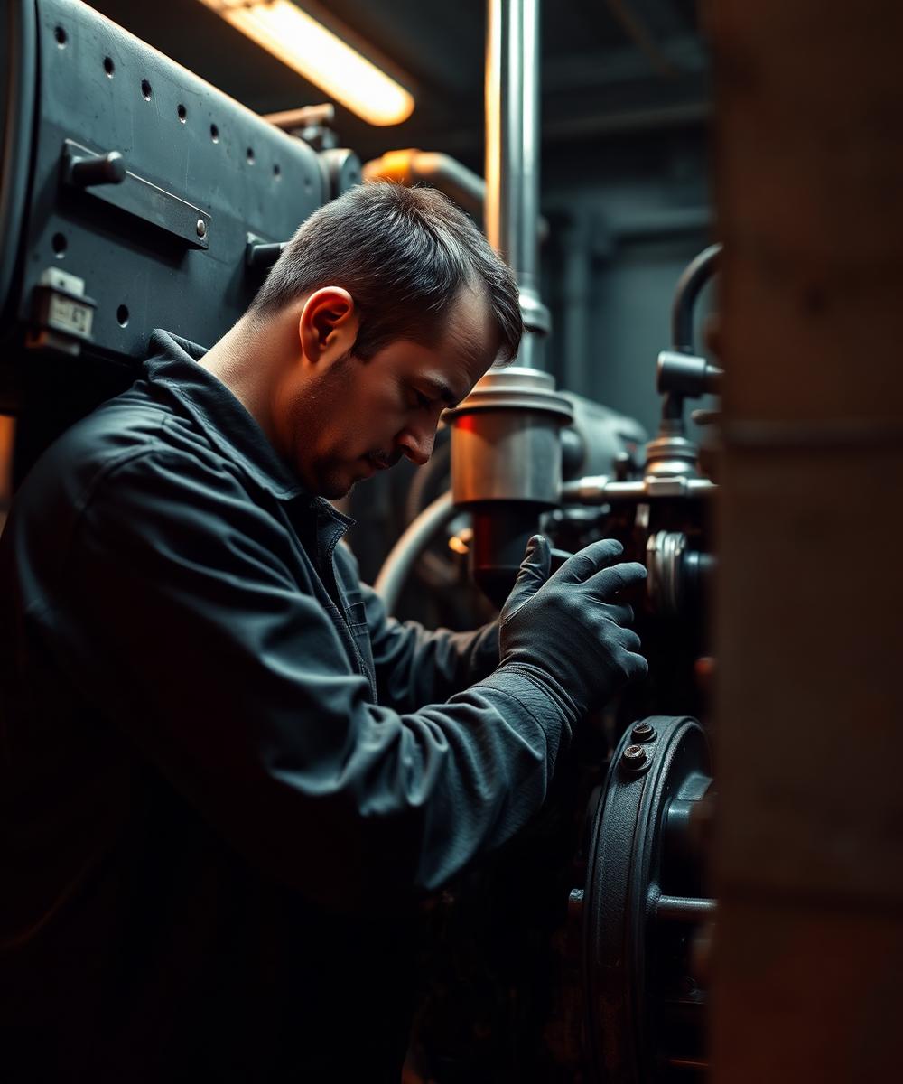 Mechanic rebuilding a heavy-duty diesel engine