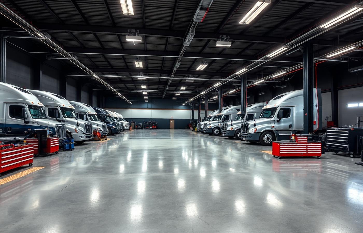 Interior of a professional truck repair shop with multiple service bays and semi trucks