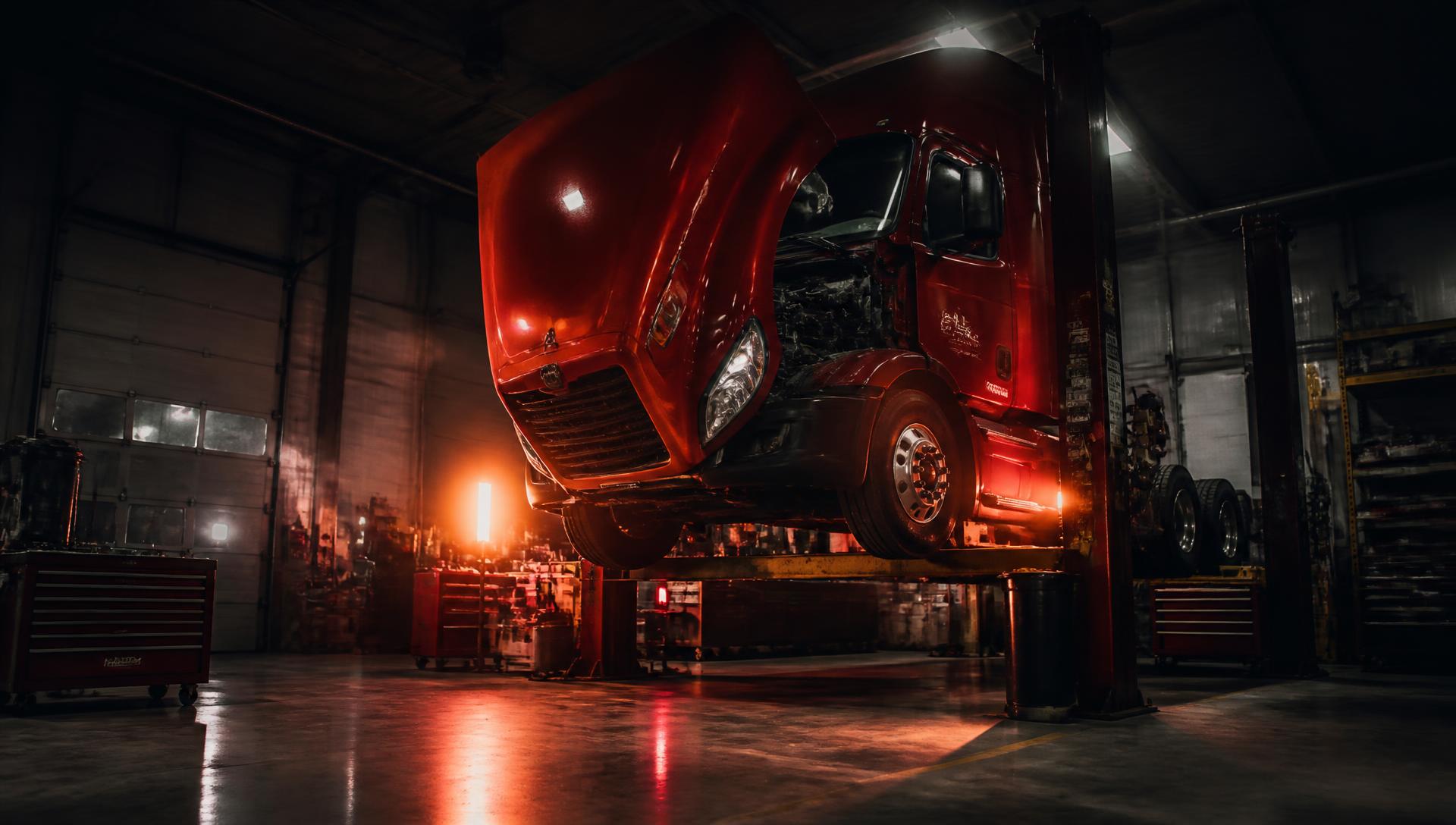 Heavy-duty semi truck raised on a lift being repaired inside a modern diesel repair facility