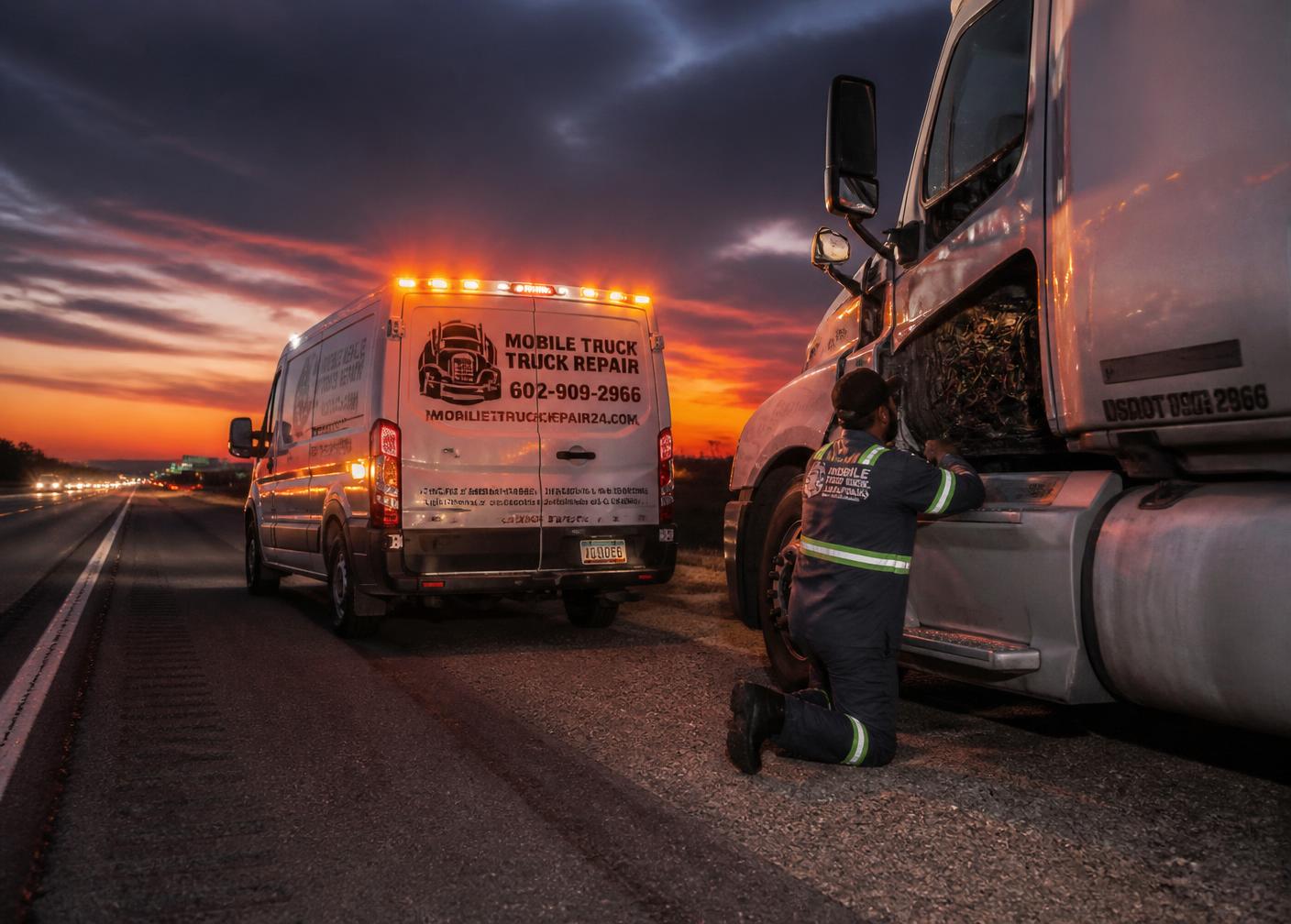 Mobile truck repair van with amber warning lights assisting a broken down semi truck on a highway shoulder